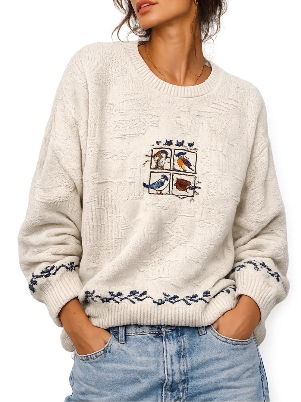 Vintage Northern Reflections Cream Knit Sweater Grandmacore Embroidered Birds